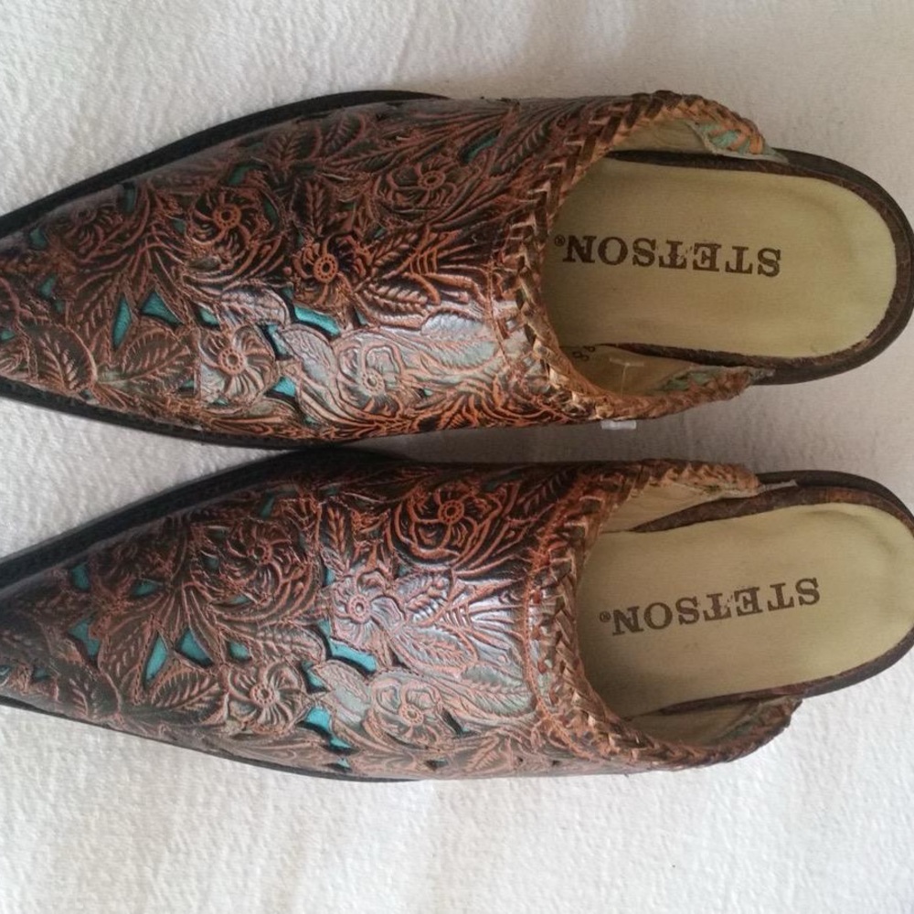 Stetson Brown and Teal Embroidered Mules